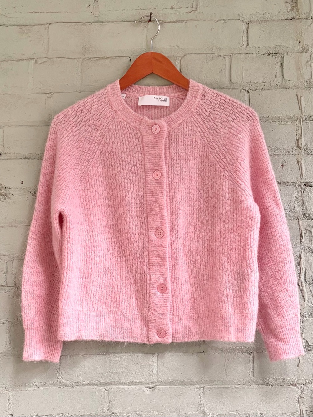 Pink Fuzzy Crew Neck Cardigan in Wool and Alpaca Blend